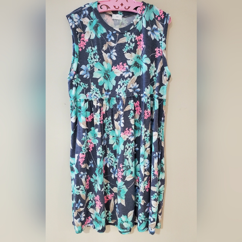 Floral Midi Dress in Blue and Pink